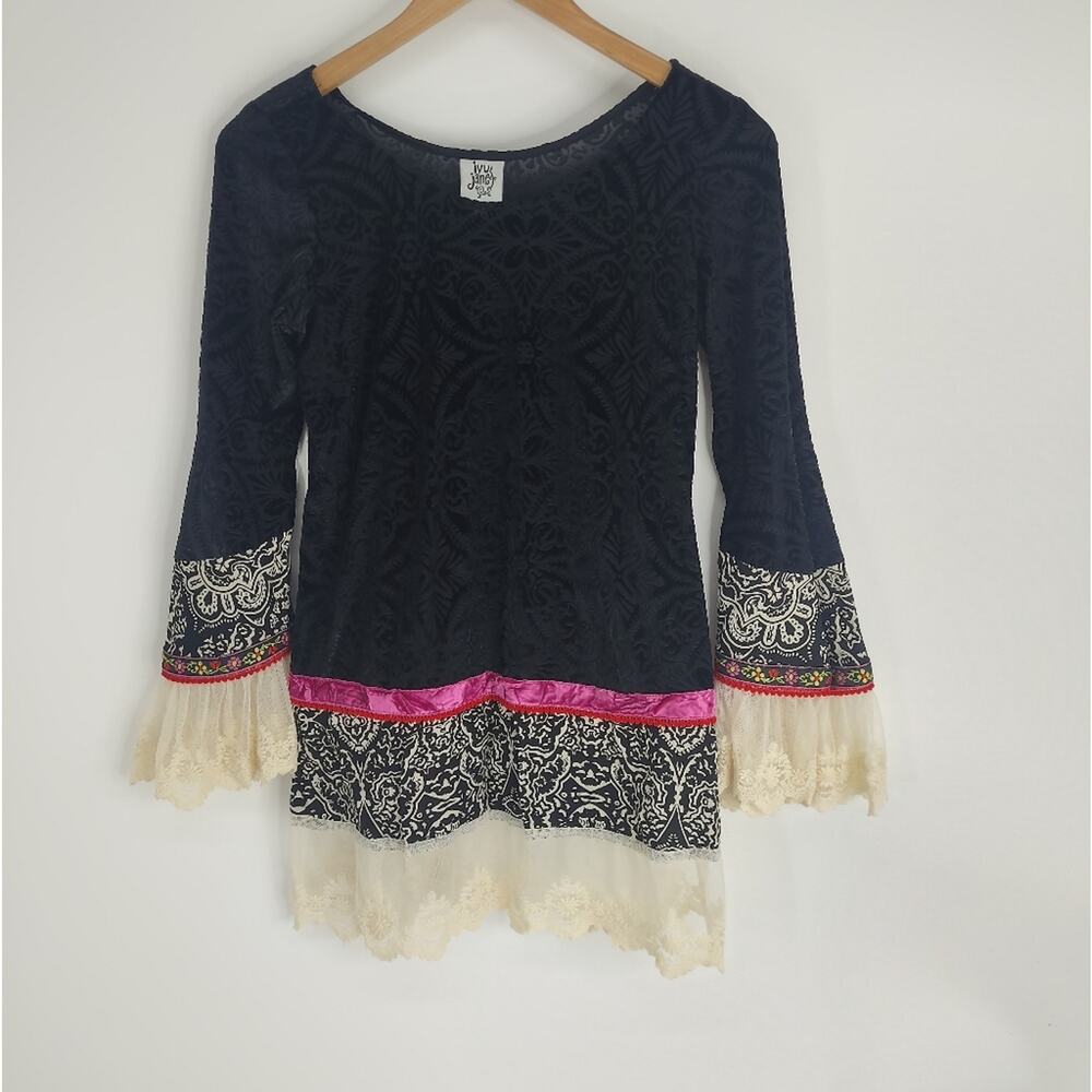 Ivy Jane Black Velvet Lace Print Long Sleeve Top Flows Punk Size XS